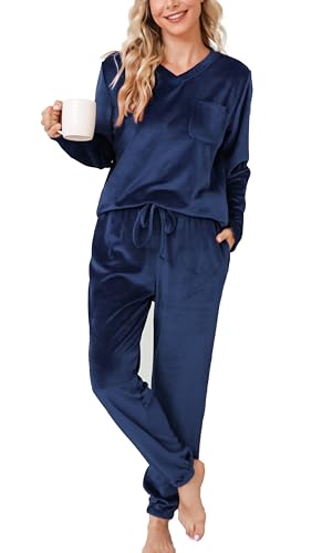 Vlazom Langarm Schlafanzug Flanell Pyjama Set Winter Hausanzug Lang Zweiteiliger Schlafanzug（S，Marineblau） von Vlazom