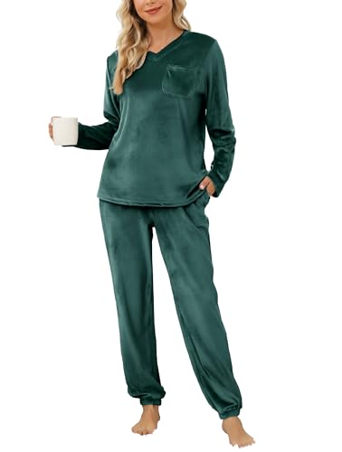 Vlazom Langarm Schlafanzug Flanell Pyjama Set Winter Hausanzug Lang Zweiteiliger Schlafanzug（XL，Grün） von Vlazom