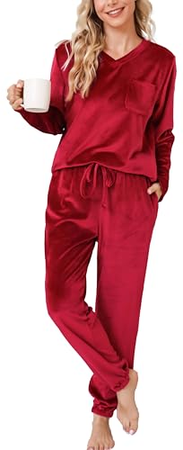 Vlazom Langarm Schlafanzug Flanell Pyjama Set Winter Hausanzug Lang Zweiteiliger Schlafanzug(XL,Weinrot) von Vlazom