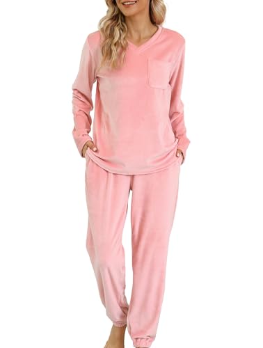 Vlazom Langarm Schlafanzug Flanell Pyjama Set Winter Hausanzug Lang Zweiteiliger Schlafanzug(XXL,Rosa) von Vlazom