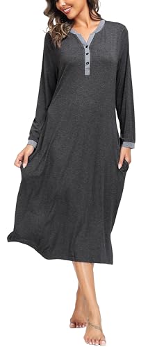 Vlazom Langes Damen-Nachthemd Weich Baggy Übergröße V-Ausschnitt Schlafkleid Nachtwäsche Loungewear Mit Taschen S-XXL, B-Dunkelgrau, L von Vlazom