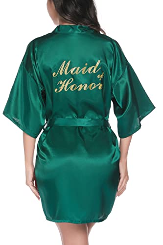 Vlazom Morgenmantel für Hochzeit Satin Kimono Badmantel für Braut&Brautjungfern V-Ausschnitt Damen Robe mit Gürtel(L,Dunkelgrün für Maid of Honor) von Vlazom