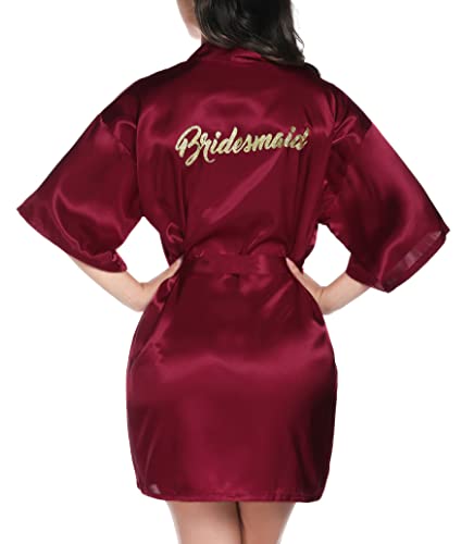 Vlazom Morgenmantel für Hochzeit Satin Kimono Badmantel für Braut&Brautjungfern V-Ausschnitt Damen Robe mit Gürtel(L,Fuchsie für Brautjungfer) von Vlazom