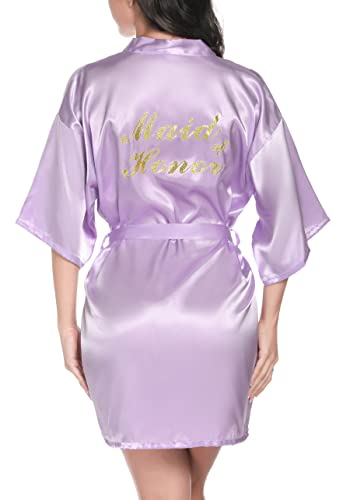 Vlazom Morgenmantel für Hochzeit Satin Kimono Badmantel für Braut&Brautjungfern V-Ausschnitt Damen Robe mit Gürtel(L,Lila für Maid of Honor) von Vlazom