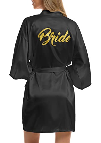 Vlazom Morgenmantel für Hochzeit Satin Kimono Badmantel für Braut&Brautjungfern V-Ausschnitt Damen Robe mit Gürtel（L,Schwarz für Braut） von Vlazom