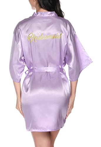 Vlazom Morgenmantel für Hochzeit Satin Kimono Badmantel für Braut&Brautjungfern V-Ausschnitt Damen Robe mit Gürtel(XL,Lila für Brautjungfer) von Vlazom