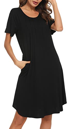 Vlazom Nachthemd Damen Kurzarm Nachtkleid 100% Modal Schlafhemd mit Taschen Rundausschnitt knielanges Nachthemd für Frauen(L,Schwarz) von Vlazom
