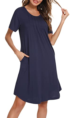 Vlazom Nachthemd Damen Kurzarm Nachtkleid 100% Modal Schlafhemd mit Taschen Rundausschnitt knielanges Nachthemd für Frauen(XXL,Marineblau) von Vlazom