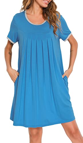 Vlazom Nachthemd Damen Kurzarm Nachtkleid Schlafhemd mit Taschen Rundausschnitt knielanges Nachthemd für Frauen(L,Stil A-Blau) von Vlazom