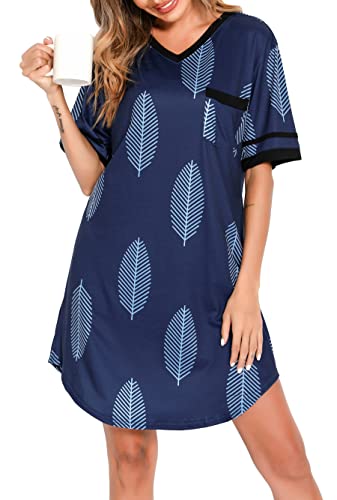 Vlazom Nachthemd Damen Kurzarm Nachtwäsche Weich Nachtkleid Große Größen Schlafshirt Sommer Sleepshirt(S,Marineblau) von Vlazom