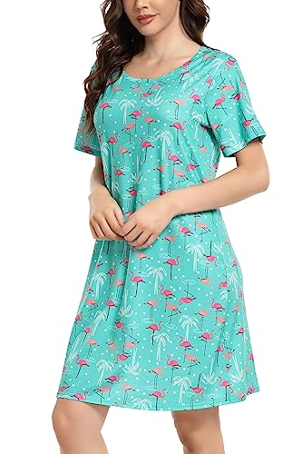 Vlazom Nachthemd Damen Kurzarm Schlafhemd Sommer Nachtwäsche mit Muster V-Ausschnitt Nachtkleid ohne Tasche（L,Flamingo） von Vlazom