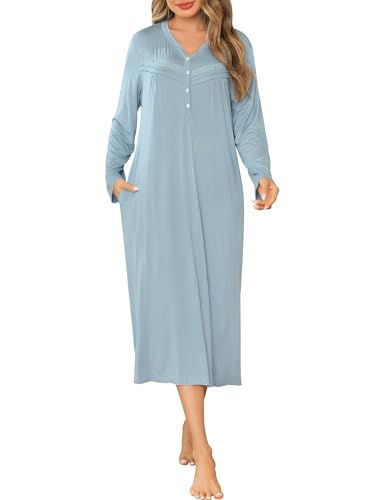 Vlazom Nachthemd Damen Langarm Schlafkleid V-Ausschcnitt Weich Umstandskleid Stillnachthemd Sleepshirt mit Taschen（L，Stil A-Blau） von Vlazom