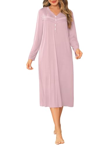 Vlazom Nachthemd Damen Langarm Schlafkleid V-Ausschcnitt Weich Umstandskleid Stillnachthemd Sleepshirt mit Taschen（L，Stil A-Dunkelrosa） von Vlazom