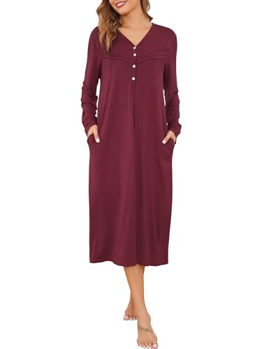 Vlazom Nachthemd Damen Langarm Schlafkleid V-Ausschcnitt Weich Umstandskleid Stillnachthemd Sleepshirt mit Taschen（L，Stil A-Weinrot） von Vlazom