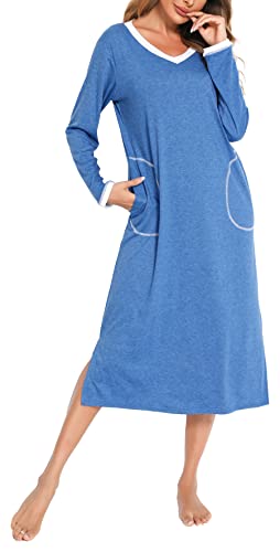 Vlazom Nachthemd Damen Langarm Schlafkleid V-Ausschcnitt Weich Umstandskleid Stillnachthemd Sleepshirt mit Taschen(L,Stil C-Blau) von Vlazom