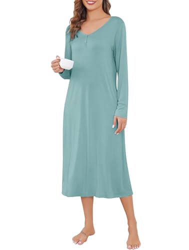 Vlazom Nachthemd Damen Langarm Schlafkleid V-Ausschcnitt Weich Umstandskleid Stillnachthemd Sleepshirt mit Taschen（M，Stil B-Hellgrün） von Vlazom