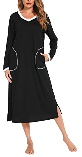 Vlazom Nachthemd Damen Langarm Schlafkleid V-Ausschcnitt Weich Umstandskleid Stillnachthemd Sleepshirt mit Taschen(M,Stil C-Schwarz) von Vlazom