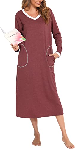 Vlazom Nachthemd Damen Langarm Schlafkleid V-Ausschcnitt Weich Umstandskleid Stillnachthemd Sleepshirt mit Taschen(S,Stil C-Weinrot) von Vlazom