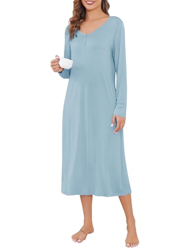 Vlazom Nachthemd Damen Langarm Schlafkleid V-Ausschcnitt Weich Umstandskleid Stillnachthemd Sleepshirt mit Taschen（XXL，Stil B-Hellblau） von Vlazom