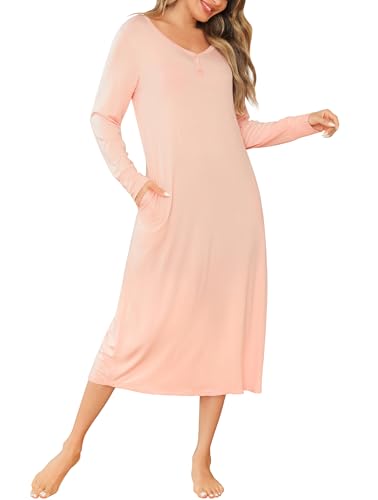 Vlazom Nachthemd Damen Langarm Schlafkleid V-Ausschcnitt Weich Umstandskleid Stillnachthemd Sleepshirt mit Taschen（XXL，Stil B-Rosa） von Vlazom