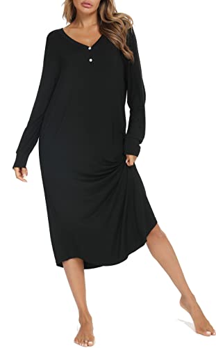 Vlazom Nachthemd Damen Langarm Schlafkleid V-Ausschcnitt Weich Umstandskleid Stillnachthemd Sleepshirt mit Taschen(XXL,Stil B-schwarz) von Vlazom
