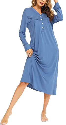 Vlazom Langarm Nachthemd Schlafkleid V-Ausschcnitt Weich Umstandskleid Stillnachthemd(M,Stil A-Kobaltblau) von Vlazom