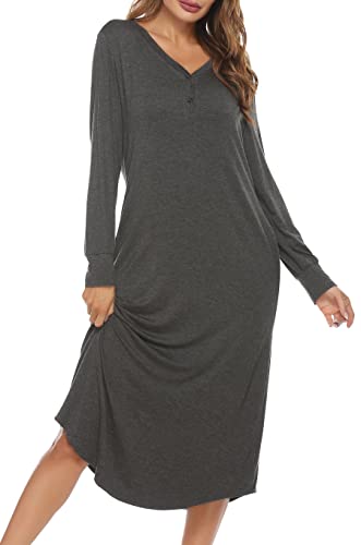 Vlazom Nachthemd Damen Langarm Schlafkleid V-Ausschcnitt Weich Umstandskleid Stillnachthemd Sleepshirt mit Taschen(L,Stil B-dunkelgrau) von Vlazom