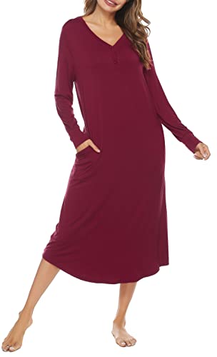 Vlazom Nachthemd Damen Langarm Schlafkleid V-Ausschcnitt Weich Umstandskleid Stillnachthemd Sleepshirt mit Taschen(M,Stil B-weinrot) von Vlazom