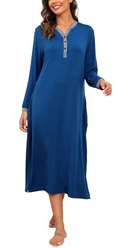 Vlazom Nachthemd Damen Lange Ärmel Modal Schlafhemd V-Ausschcnitt Nachtwäsche Hauskleid Freizeitkleid Große（S，Marineblau） von Vlazom
