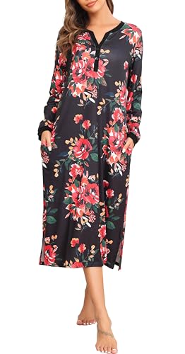 Vlazom Nachthemd Damen Lange Ärmel Modal Schlafhemd V-Ausschcnitt Nachtwäsche Hauskleid Freizeitkleid Große（S，Schwarze Blumen） von Vlazom