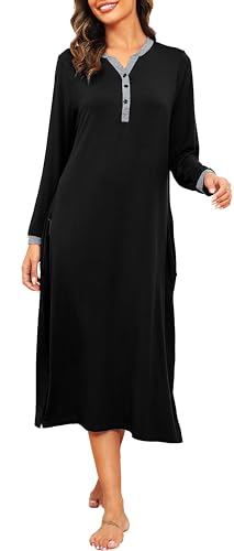 Vlazom Nachthemd Damen Lange Ärmel Modal Schlafhemd V-Ausschcnitt Nachtwäsche Hauskleid Freizeitkleid Große（XXL，Schwarz） von Vlazom