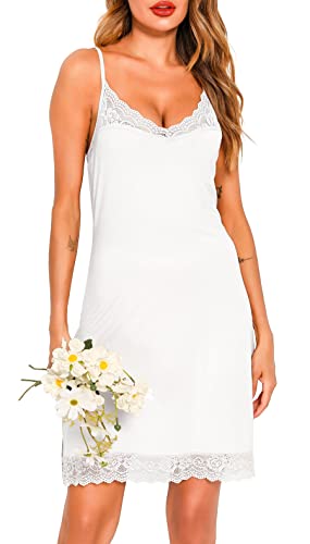 Vlazom Nachthemd Damen Spitze Unterkleid Sexy Negligee mit überkreuztem Schultergürtel knielanges Unterkleid(L,Weiß von Vlazom