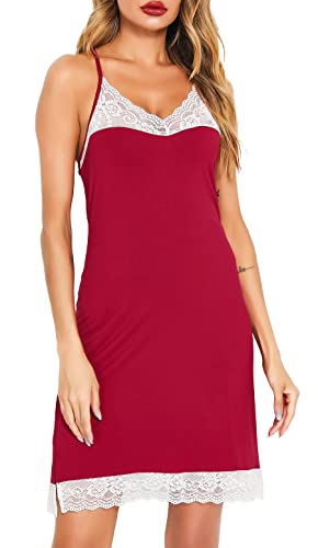 Vlazom Nachthemd Damen Spitze Unterkleid Sexy Negligee mit überkreuztem Schultergürtel knielanges Unterkleid(M,Weinrot) von Vlazom