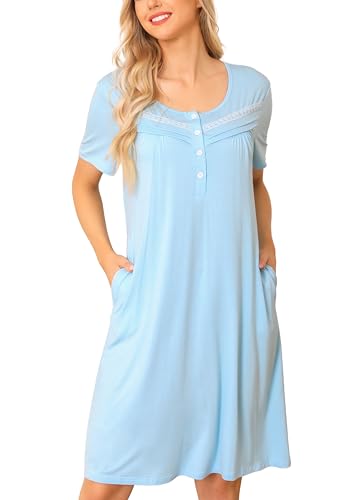 Vlazom Nachthemd Damen U -Ausschcnitt Langarm Weich Schlafkleid Stillnachthemd Sleepwear mit Taschen und Knöpfen（XL,Hell Blau） von Vlazom