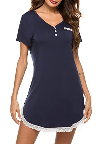 Vlazom Nachthemd Damen V-Ausschcnitt Schlafshirt Spitze Sexy Nachtkleid Stillnachthemd Damen Nachthemd Kurzarm(S,Stil A-Navy) von Vlazom