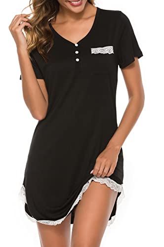 Vlazom Nachthemd Damen V-Ausschcnitt Schlafshirt Spitze Sexy Nachtkleid Stillnachthemd Damen Nachthemd Kurzarm(S,Stil A-Schwarz) von Vlazom