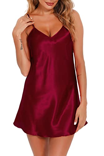 Vlazom Negligee Sexy Nachtwäsche Satin Nachthemd Damen kurzes Nachtkleid V-Ausschnitt Basic Unterkleid (L,Stil B-Fuchsie) von Vlazom