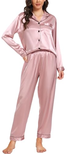 Vlazom Satin Damen Schlafanzug Langarm Pyjama Set mit Knopfleiste Zweiteiliger Hausanzug mit Umlegekragen（L,Rose Pink） von Vlazom