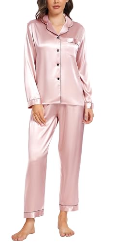 Vlazom Satin Damen Schlafanzug Langarm Pyjama Set mit Knopfleiste Zweiteiliger Hausanzug mit Umlegekragen(L,Hellrosa) von Vlazom