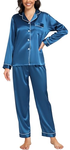 Vlazom Satin Damen Schlafanzug Langarm Pyjama Set mit Knopfleiste Zweiteiliger Hausanzug mit Umlegekragen(L,Pfauenblau) von Vlazom