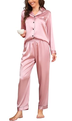 Vlazom Satin Damen Schlafanzug Langarm Pyjama Set mit Knopfleiste Zweiteiliger Hausanzug mit Umlegekragen(L,Rosa) von Vlazom