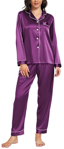 Vlazom Satin Damen Schlafanzug Langarm Pyjama Set mit Knopfleiste Zweiteiliger Hausanzug mit Umlegekragen(L,Violett) von Vlazom