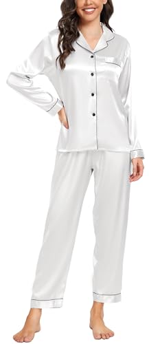 Vlazom Satin Damen Schlafanzug Langarm Pyjama Set mit Knopfleiste Zweiteiliger Hausanzug mit Umlegekragen(L,Weiß) von Vlazom