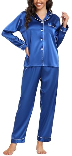 Vlazom Satin Damen Schlafanzug Langarm Pyjama Set mit Knopfleiste Zweiteiliger Hausanzug mit Umlegekragen(M,Blau) von Vlazom