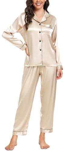 Vlazom Satin Damen Schlafanzug Langarm Pyjama Set mit Knopfleiste Zweiteiliger Hausanzug mit Umlegekragen(M,Champagner) von Vlazom