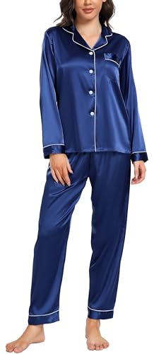 Vlazom Satin Damen Schlafanzug Langarm Pyjama Set mit Knopfleiste Zweiteiliger Hausanzug mit Umlegekragen(M,Dunkelblau) von Vlazom