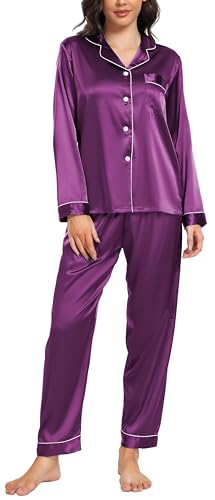 Vlazom Satin Damen Schlafanzug Langarm Pyjama Set mit Knopfleiste Zweiteiliger Hausanzug mit Umlegekragen(M,Violett) von Vlazom