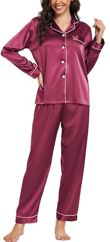 Vlazom Satin Damen Schlafanzug Langarm Pyjama Set mit Knopfleiste Zweiteiliger Hausanzug mit Umlegekragen(M,Weinrot) von Vlazom