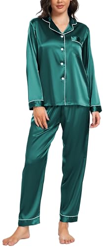 Vlazom Satin Damen Schlafanzug Langarm Pyjama Set mit Knopfleiste Zweiteiliger Hausanzug mit Umlegekragen(XL,Dunkelgrün) von Vlazom