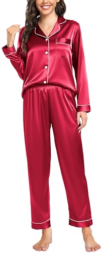 Vlazom Satin Damen Schlafanzug Langarm Pyjama Set mit Knopfleiste Zweiteiliger Hausanzug mit Umlegekragen(XL,Rot) von Vlazom